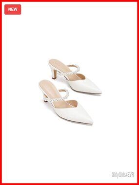 Kitten Heel Mules Slip On Pointed Toe Pearl Wedding Shoes for Bride
